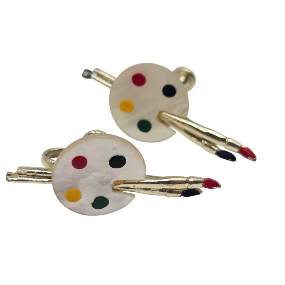 Vintage Artist Palette Paint Brush Screw Back Earrings Gold Tone Enamel MOP